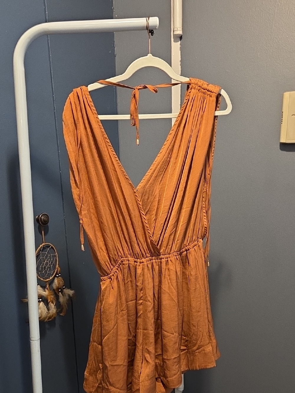Free People Rust Orange V-Neck Tie-Back Romper